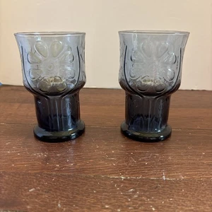 Vtg 1970's Libbey 8 oz Daisy Flower Country Blue Embossed 5" Tall Glass Set of 2 - Picture 1 of 6