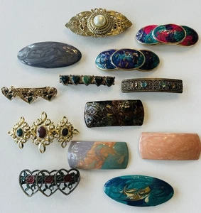 Lot pinces à cheveux vintage années 80 barrettes émail tourbillonné ton or brillant collection - Photo 1/10