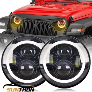 Pair 7" Inch Round LED Headlights For Jeep Wrangler JK LJ TJ CJ Halo Angel Eyes - Picture 1 of 10