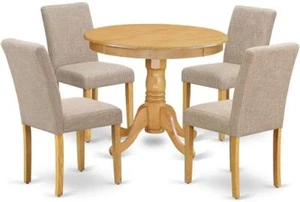 5 Piece Dining Set for 4, Round Pedestal Table & 4 Light Tan Dining Chairs - Picture 1 of 101