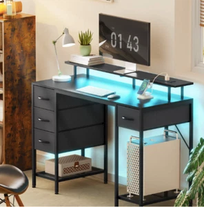 Industrial Computer Desk with LED Lights, Power Outlets, Drawers, and Shelves - Picture 1 of 10
