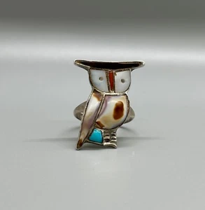 Old Pawn Zuni Turquoise ,Coral and Shell Ring Owl Size 7 1/4 - Picture 1 of 4