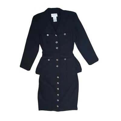 80s 90s Vintage Julian Taylor New York Gothic Black Sheath Dress Suit Pockets 8 - Image 1 of 4