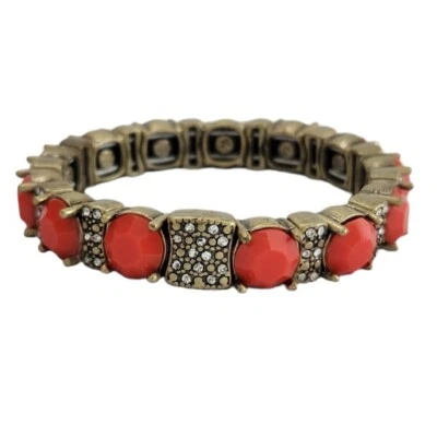 J CREW Brass Rhinestones Beads Link Stretch Bracelet Gold Tone Coral Pink Signed - Image 1 of 4