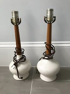 Pair of Vintage Mid-Century White Ceramic & Teak Wood Table Lamp