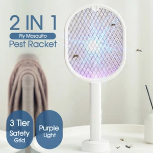 2 In 1 Electric USB Rechargable Racket Fly Swatter Mosquito Insect Killer Zapper - Picture 1 of 9