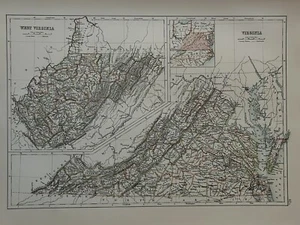 1897 Virginia & West Virginia Original Antique Map by A & C Black - Picture 1 of 3
