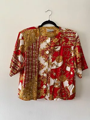 Blusa de Colección Años 90 Barroca Barroca Dorada y Roja Estampado de Cadena Botón por Lee Winter Grande Foto 1 de 4