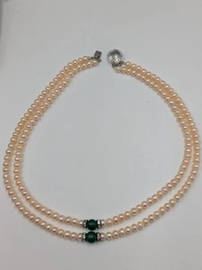 Double Strand 5mm Freshwater Pearl & Jade Beaded Statement Necklace 16" - Picture 1 of 13