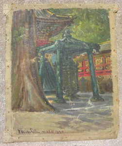 Stan Poray 1888-1948 pintura temprana del templo japonés firmada Pociecha dtd. 1920 - Imagen 1 de 15