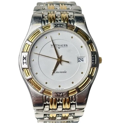 "Reloj Wittnauer Laureado Vintage Dos Tonos Esfera Blanca Fecha 33 mm Redondo 7"" Banda SS" Foto 1 de 4