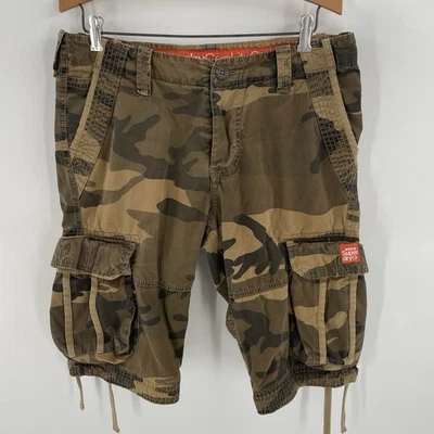 Superdry Hombre Talla M (34) Marrón Camuflaje Militar Combate Utilitario Cargo Shorts *defecto Foto 1 de 4