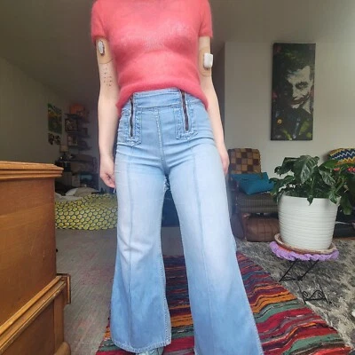 RARE 1960s Wranger Front Bib Zip Denim Flares Light Blue Womens Medium Vintage  - Image 1 of 4