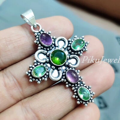 Ciondolo croce in argento sterling 925 con ametista viola, diopside e peridoto - Immagine 1 di 4