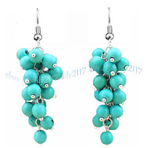 4mm Natural Blue Turquoise Cluster Grape Round Gems Dangle Silver Hook Earrings