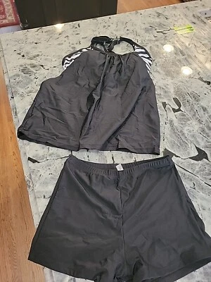 Traje de baño Tankini a rayas negro Yonique para mujer niño corto 2 piezas, pequeño, nuevo con etiquetas Foto 1 de 4