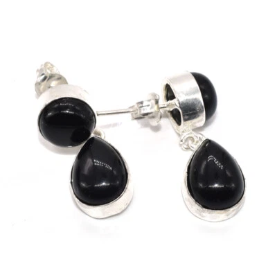 Natural Black Onyx Gemstone Nice Silver Plated Stud Earring Jewelry U917 - Image 1 of 4