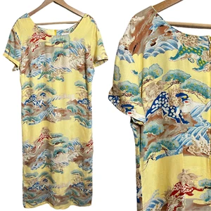 Vestido Midi De Colección Iolani Hawaii Seda XL Amarillo Asiático Dragón Ondas Manga Corta - Imagen 1 de 9