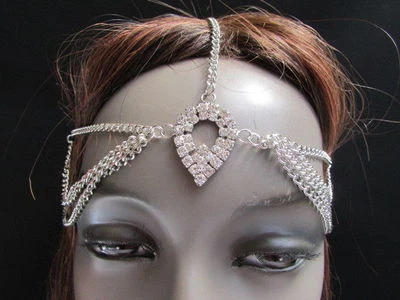 WOMEN SILVER METAL HEAD CHAIN HAIR FASHION JEWELRY WATER BLING DROP OVAL SHAPE - Image 1 of 4