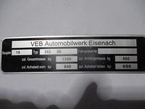 GDR VEB Eisenach Wartburg nameplate 353 00 sign s83 year old - Picture 1 of 1