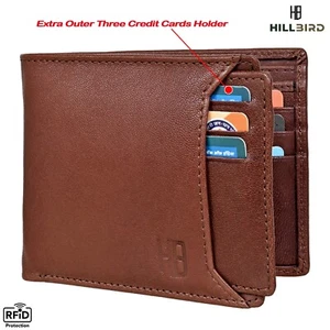 "HILL BIRD" Mens RFID Blocking Bi-fold Wallet Soft Genuine Leather Brown Western - Afbeelding 1 van 6