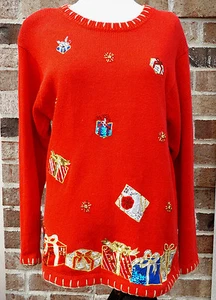 Christmas Sweater Victoria Harbour Women L Tunic Sequin Bling Beaded Presents - Picture 1 of 5