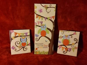 Canvas Owl Print Painting Picture Now I Lay Me Down To Sleep Prayer 3 Piece Art - Picture 1 of 7