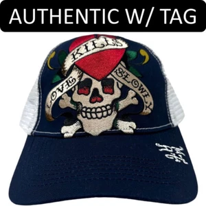 Ed Hardy Trucker Hat Embroidered Tattoo Heart Skull Navy White Mesh Snapback Cap - Picture 1 of 6