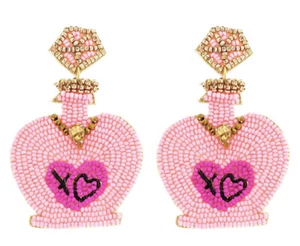 VALENTINES LIGHT PINK LOVE POTION HEART SEED BEED RHINESTONE DANGLE EARRINGS - Picture 1 of 1