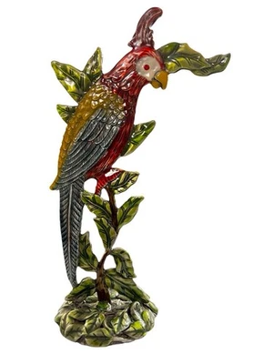 Estatuilla de cacatúa multicolor encaramada en rama esmaltada sobre metal decoración del hogar Foto 1 de 4