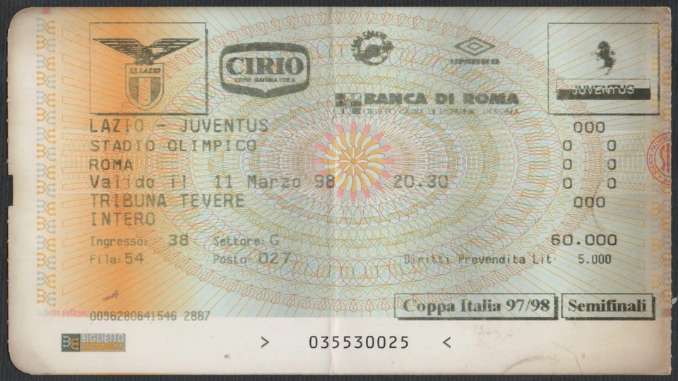 BIGLIETTO STADIO TICKET LAZIO  JUVENTUS - SEMIFINALE COPPA ITALIA 1997/98 - Immagine 1 di 1