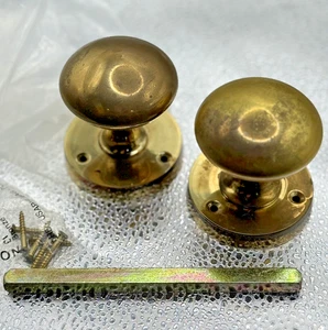 Small Aged Solid Brass Cottage Rim Mortice Door Knob Pair Round - Picture 1 of 10