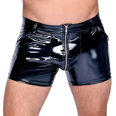BLACK LEVEL Lack Shorts Herren Schwarz 4-Wege-Stretch Front-RV KINKY CLUBWEAR - Bild 1 von 4