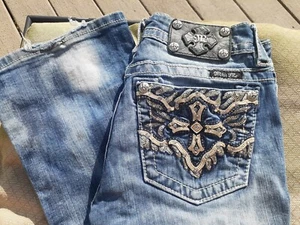 Miss Me Womens Signature Boot Jeans Size 27 Blue Denim Embellished Cross Pockets - Picture 1 of 11