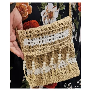 Vintag bag Brahma silk bag, beige and white, handmade, size 16.5 X 19.5 cm. - Picture 1 of 5