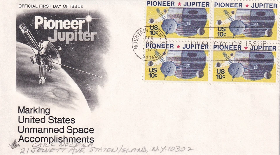 STAMP US SCOTT 1556 "Spacecraft" "Pioneer Jupiter" 10 CENT 1975 BLK of 4 FDC - E - Image 1 of 1