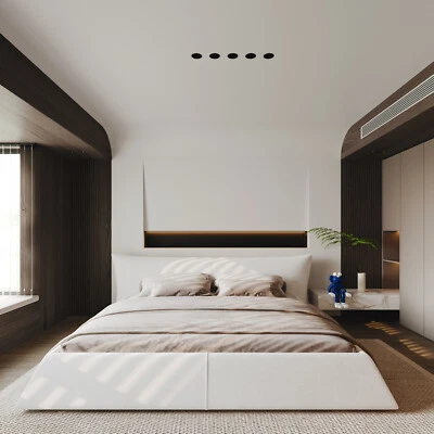 King Size Upholstered Platform Bed with Velvet Headboard,Solid Wood Frame,Cream - Image 1 of 4