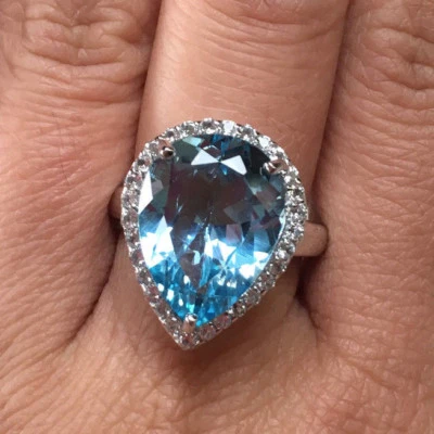 Grande anel de aniversário halo topázio azul lágrima natural prata esterlina 925  - Imagem 1 de 4