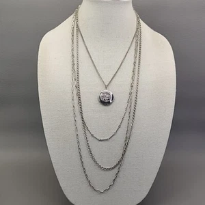 Vintage Locket Necklace Four Layered Flower Silver Tone Chains 21" - Picture 1 of 10
