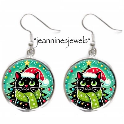 PENDIENTES Árbol de Navidad Gato Negro Plata Dije Cuelga Gato Mamá Regalo de Vacaciones Foto 1 de 4