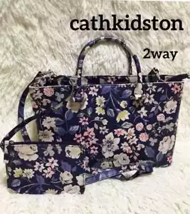 Cath Kidston Tote Shoulder Bag Logo Leather Navy Women's USED FROM JPN - Picture 1 of 9