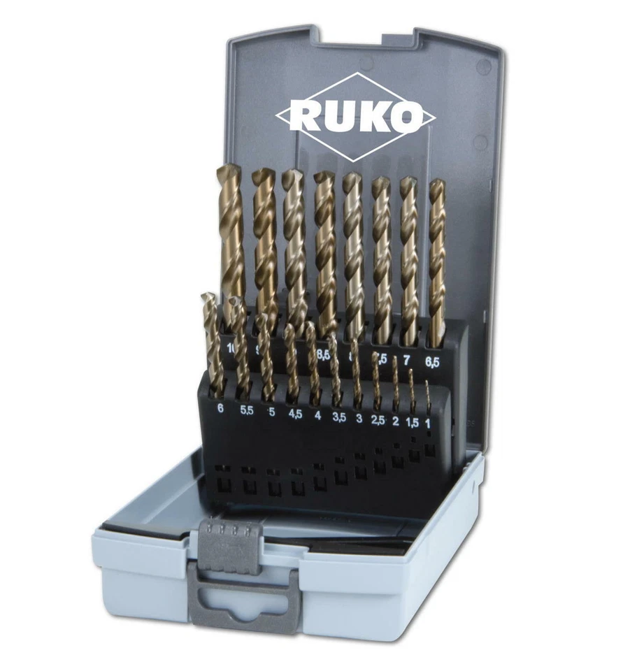RUKO Metallbohrer Set Spiralbohrer Satz DIN 338 Typ VA HSSE-Co5 Ø 1-10mm 19 tlg.