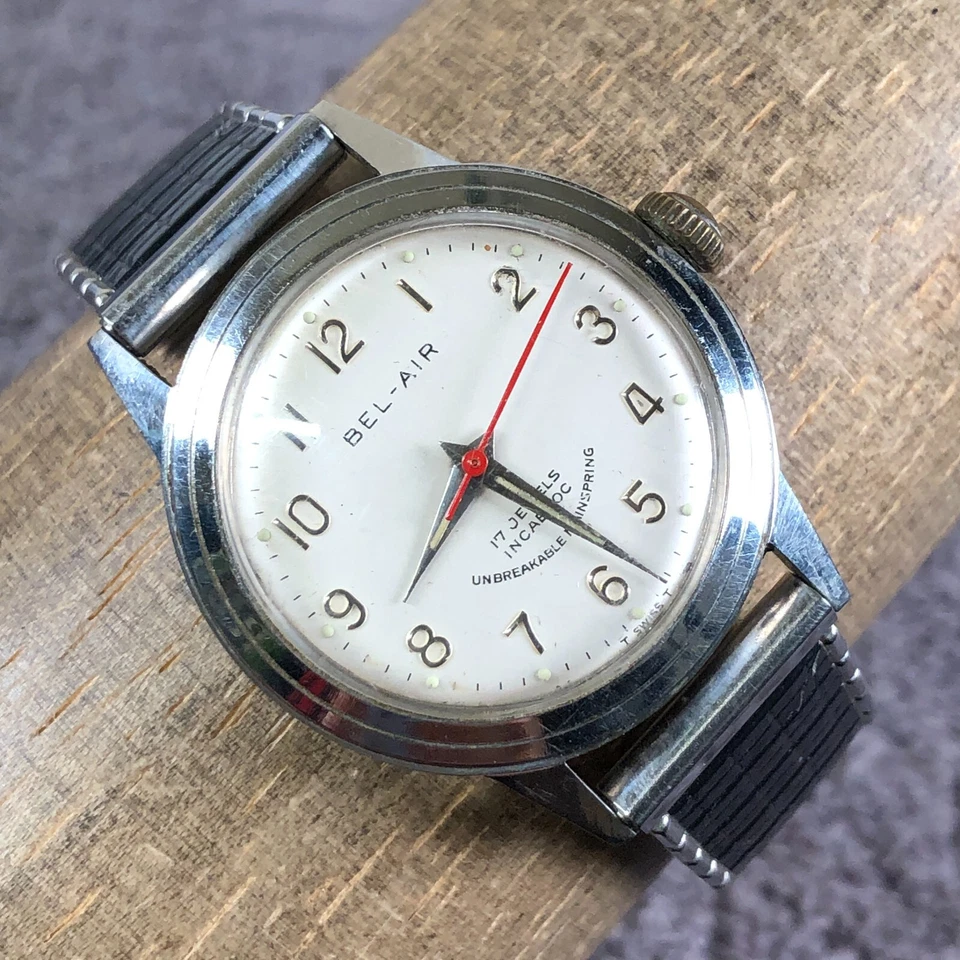 Reloj mecánico de cuerda vintage Bel-Air para hombre Incabloc correa de expansión negra 6 1/2" Foto 1 de 4