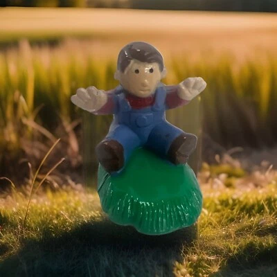Lincoln Logs Pioneer Farmer People Figure boy sitting on grass overalls - Image 1 of 4