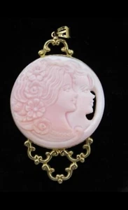 Scognamiglio 14K Engelshaut Korallenkamee Zwei Schwestern Schöne Kamee Rosa geschnitzt - Bild 1 von 6