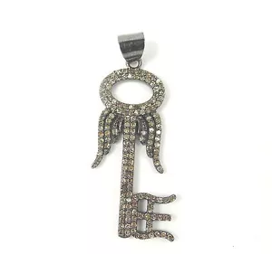 LLAVE - COLGANTE DE DIJE PAVE DIAMANTE HECHO A MANO PLATA ESTERLINA NEGRO ENCHAPADO EN RODIO - Imagen 1 de 2