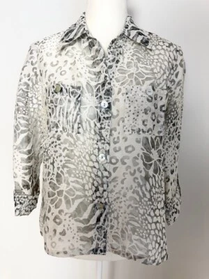 Ruby Rd. Petite Womens Button Down Blouse Size 10P Gray White Animal Print Sheer - Image 1 of 4