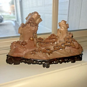 Chinesische Natur Speckstein Figur 7,5" verziert handgeschnitzt Bergdorf - Bild 1 von 22