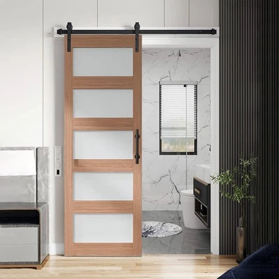 30"x84" Brown Glass Barn Door with 5FT Sliding Hardware Kit, PVC Coated Surface - Image 1 of 4