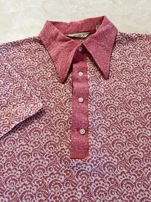 Vtg 1960's DISCO Polo Shirt Kentfield Deadstock Large PINK TEXTURED BIG COLLAR - Image 1 of 4